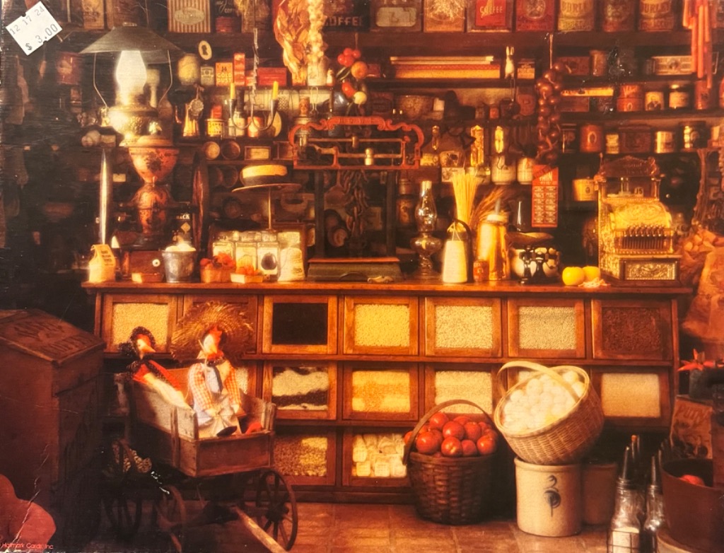 A nostalgic general store interior with wooden counters, antique goods, and baskets of produce.