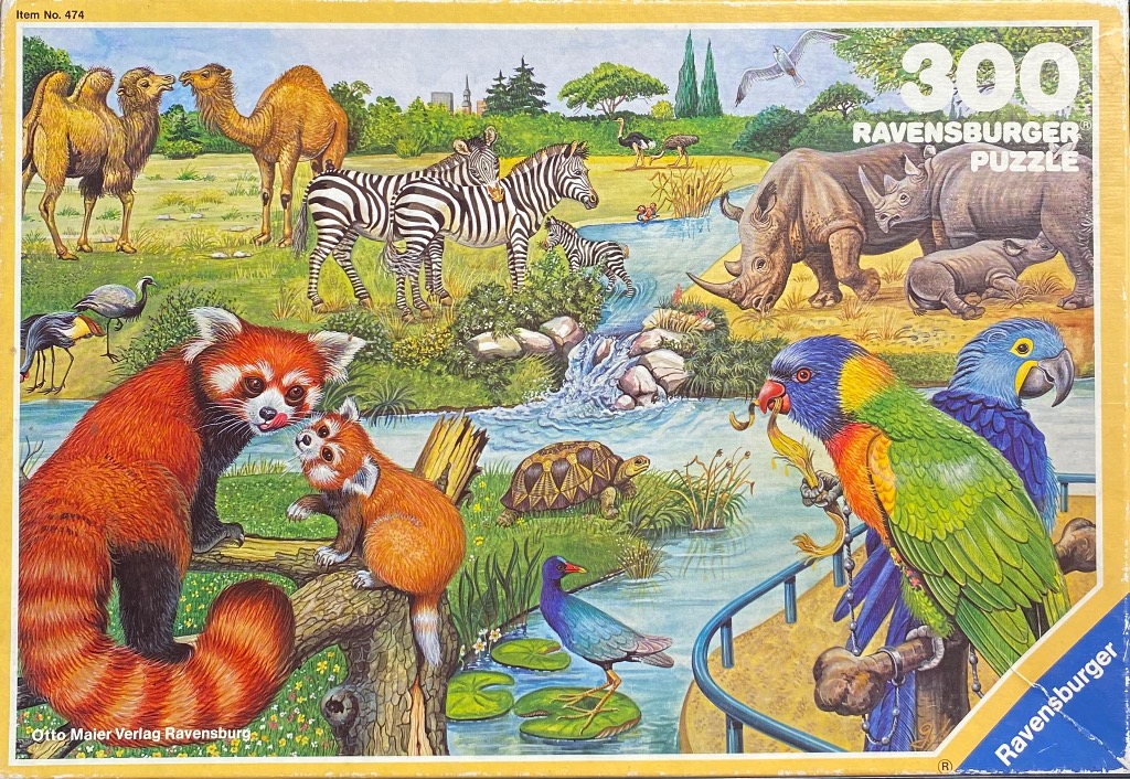 A lush, diverse wildlife illustration featuring red pandas, camels, zebras, rhinos, and vibrant parrots in a park.