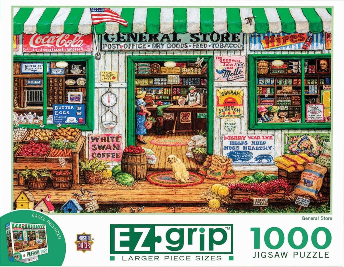A nostalgic illustration of a 1930s-style general store with fresh produce, vintage advertisements, and an open entryway.