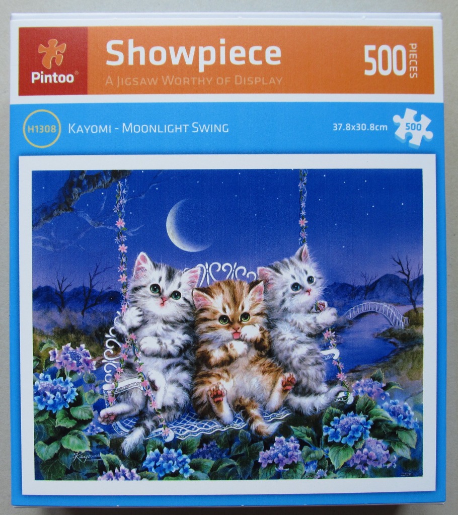 Three fluffy kittens playing on a swing under a crescent moon in a fantasy garden setting.