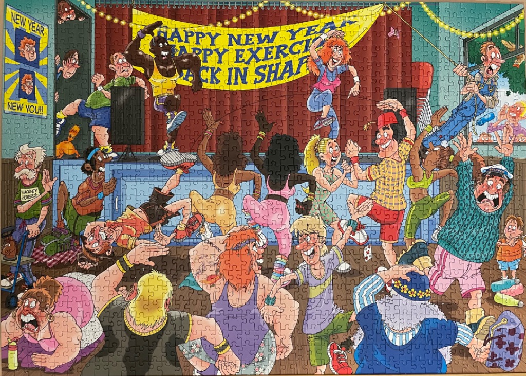 Humorous New Year's exercise class with energetic people dancing and exercising.
