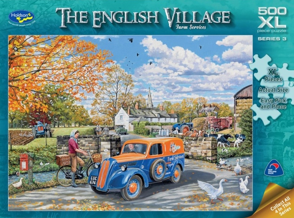 A nostalgic rural painting featuring a vintage orange and blue delivery van on a country road with a woman on a bicycle.