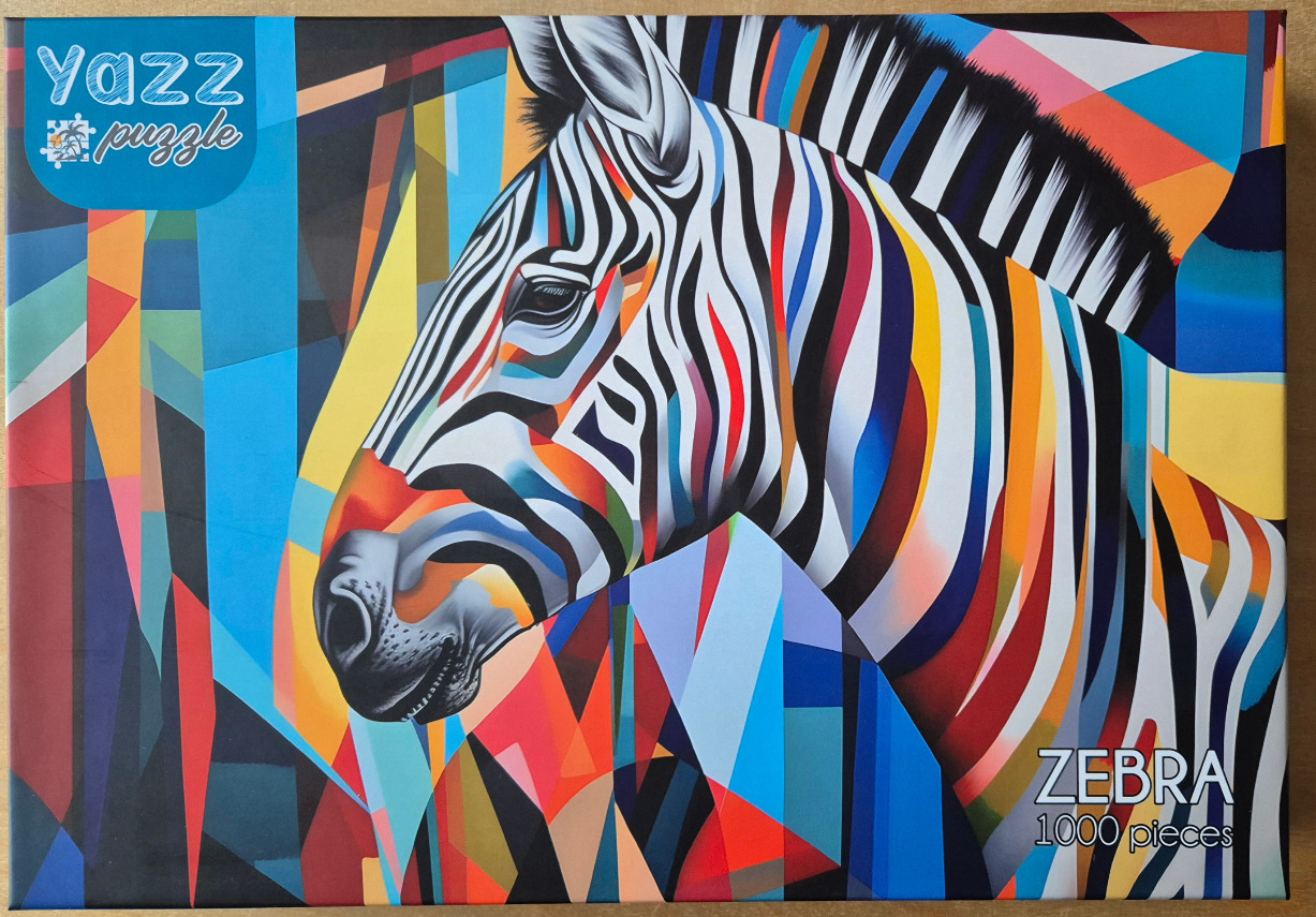 Artistic illustration of a zebra's head against a colorful geometric abstract background.
