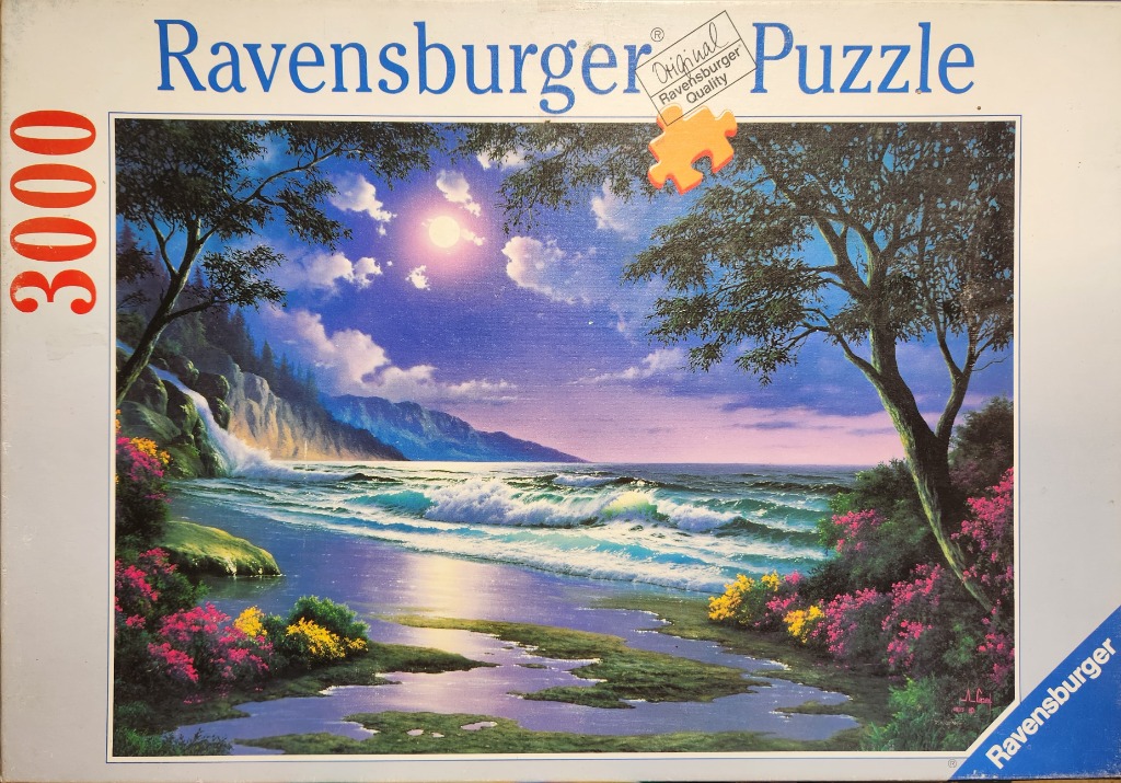 A peaceful moonlit coastal scene with a waterfall, rolling waves, and colorful wildflowers.