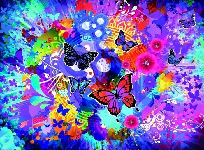 Abstract digital painting of colorful butterflies against a vibrant, kaleidoscopic background of paint splatters and floral p