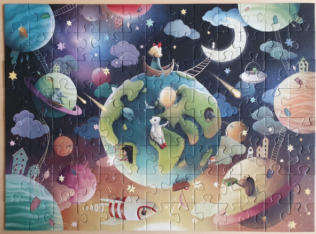Whimsical illustration of a child and animals on a central planet surrounded by a colorful starry space scene.