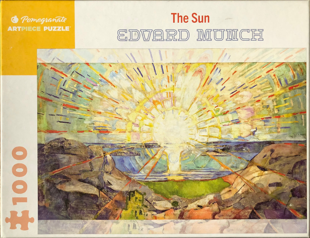 The Sun by Edvard Munch, showing a radiant sunburst above a coastal landscape in expressive brushstrokes.