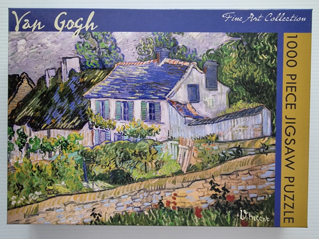 An oil painting of a rustic country house with blue-tiled roof and a stone path, in the Post-Impressionist style.