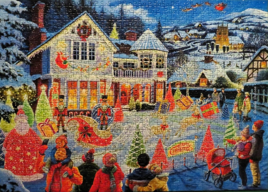 A festive illustration of a snowy Christmas house display with families viewing the decorations at night.
