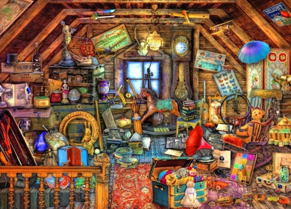 An attic filled with vintage toys, antiques, and miscellaneous household items.