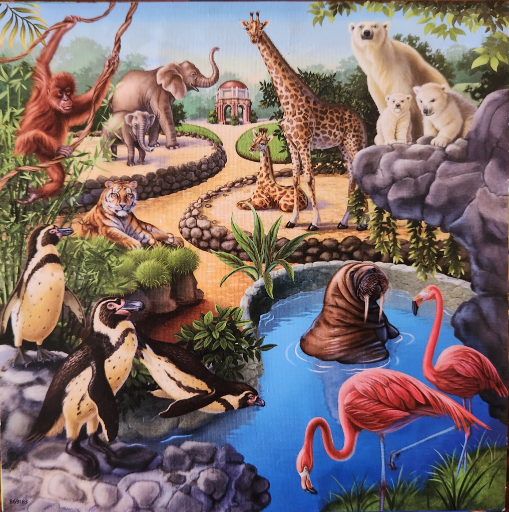 A whimsical collection of diverse animals from different habitats gathered together in a park-like setting.
