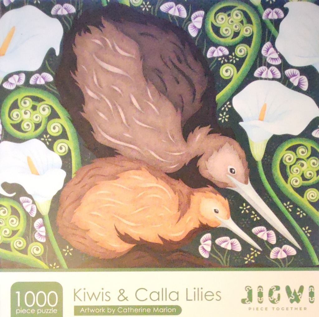 An illustration of two kiwi birds nestled among white calla lilies and green fern fronds on a dark background.