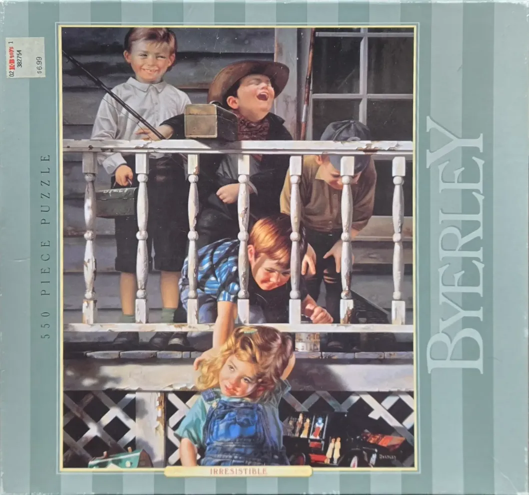 An illustration of four young boys and a girl looking down from a white wooden porch, possibly interacting with something.