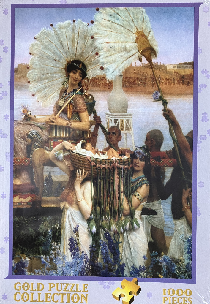 Oil painting depicting an Egyptian queen, an infant in a basket, and attendants by the Nile.
