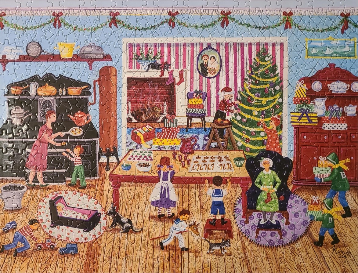 A festive, busy Christmas scene set in a cozy, vintage-style kitchen with a family preparing for the holiday.