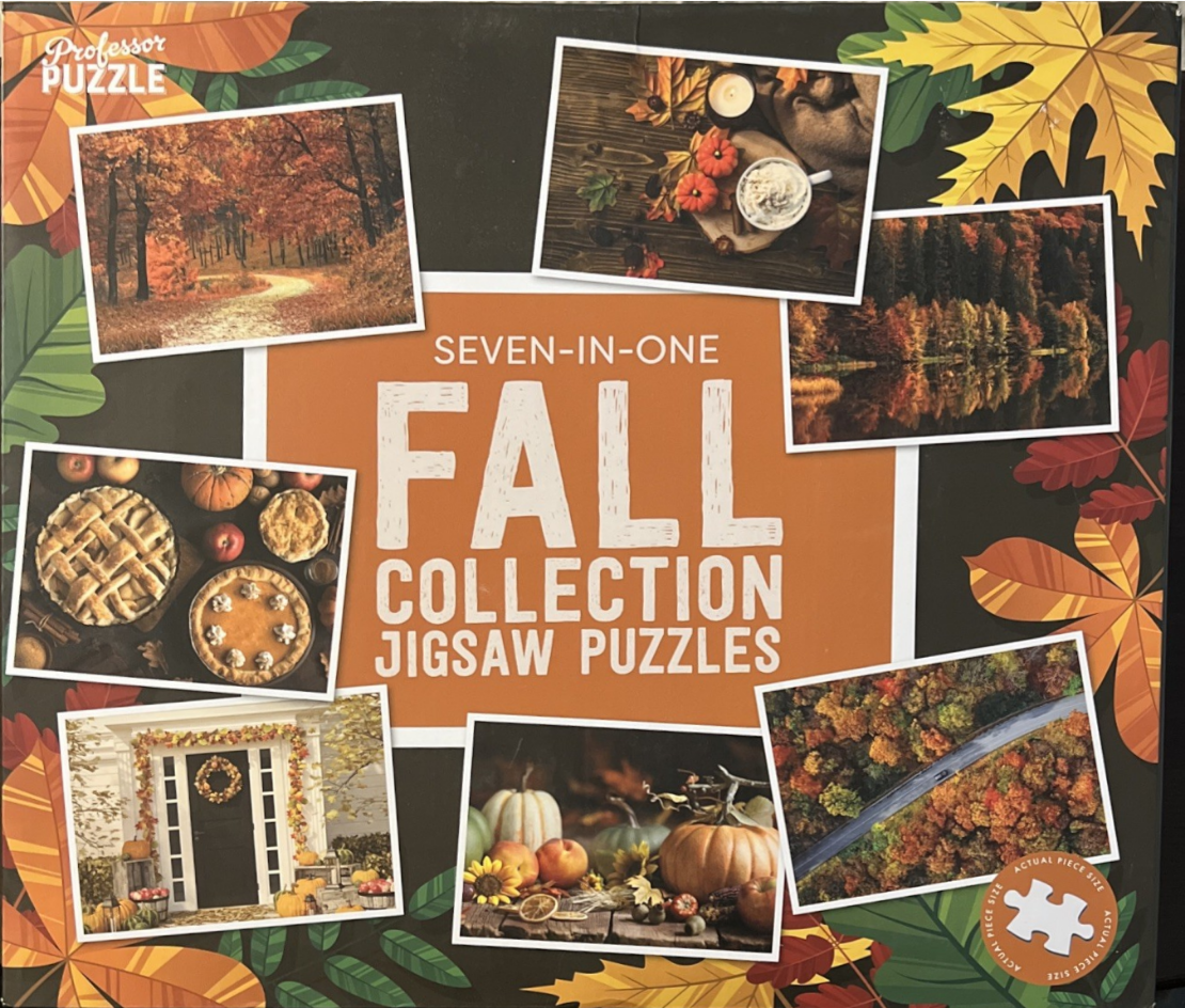 A collage of seven autumn-themed photographs featuring landscapes, food, and cozy seasonal decor.