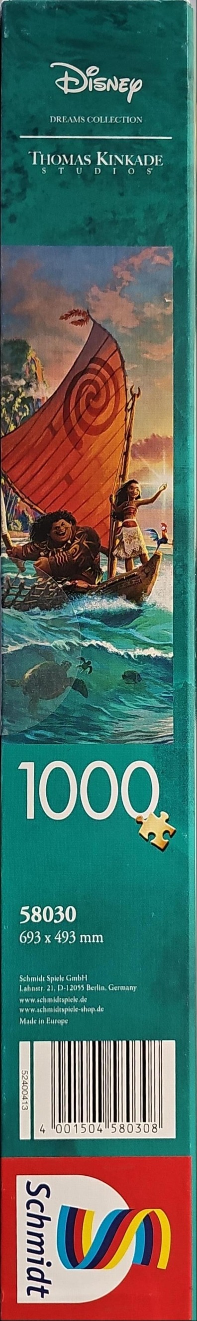 Moana and Maui sailing on a traditional outrigger canoe at sunset in a Thomas Kinkade style illustration.