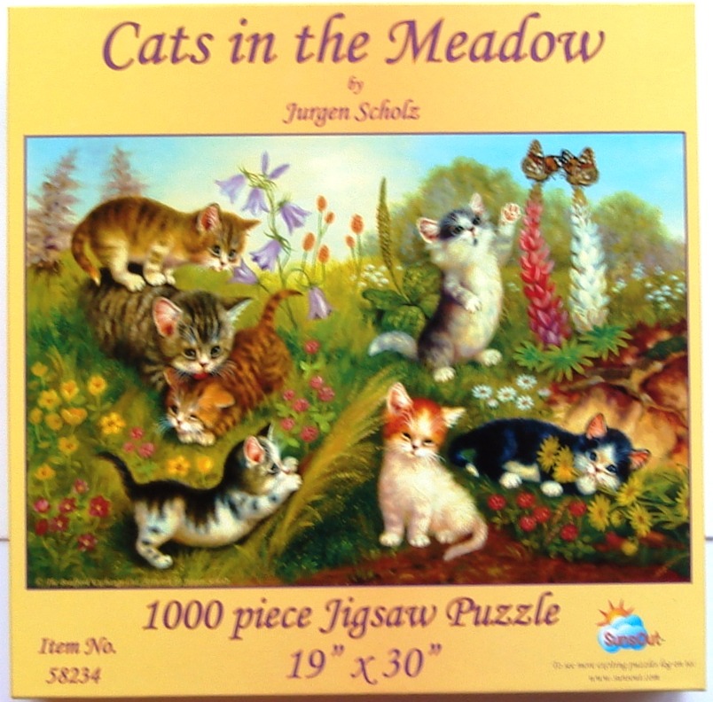 Six kittens playing in a lush meadow filled with wildflowers and butterflies.