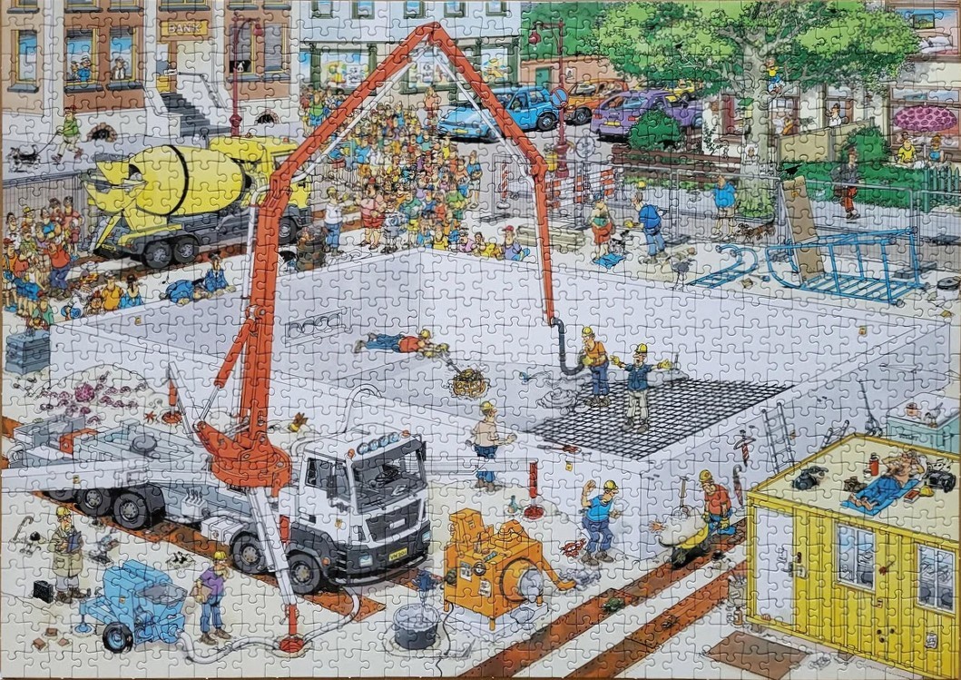 A busy cartoon illustration of a construction site with a concrete pump truck and many workers.