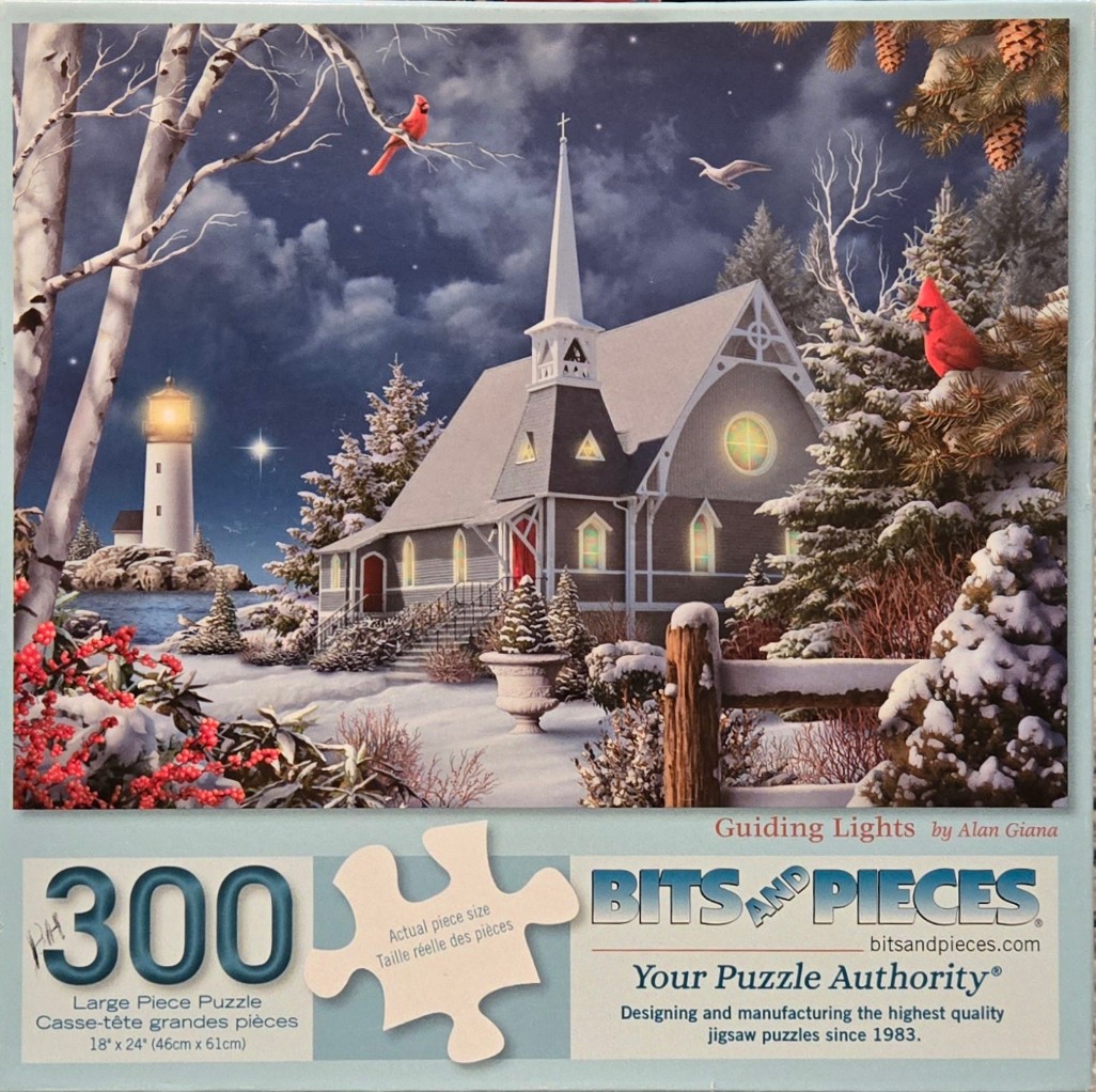 Winter scene featuring a church, a lighthouse, and red cardinals in the snow under a starry night sky.