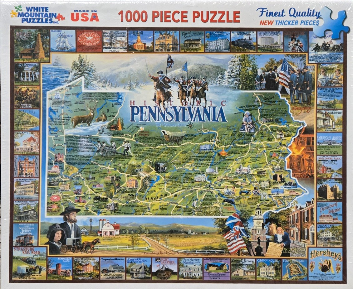 A montage map of historic Pennsylvania featuring state landmarks, Revolutionary War soldiers, and regional scenery.