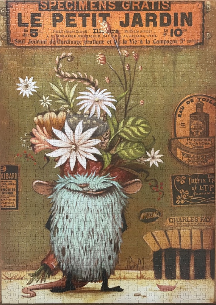 Whimsical illustration of a furry creature with a flower pot on its head, set against a vintage French advertising backdrop.