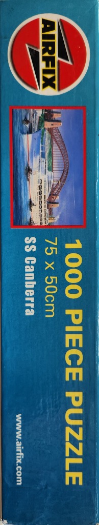 S.S. Canberra at Sydney Harbour Bridge, vibrant blues and reds.