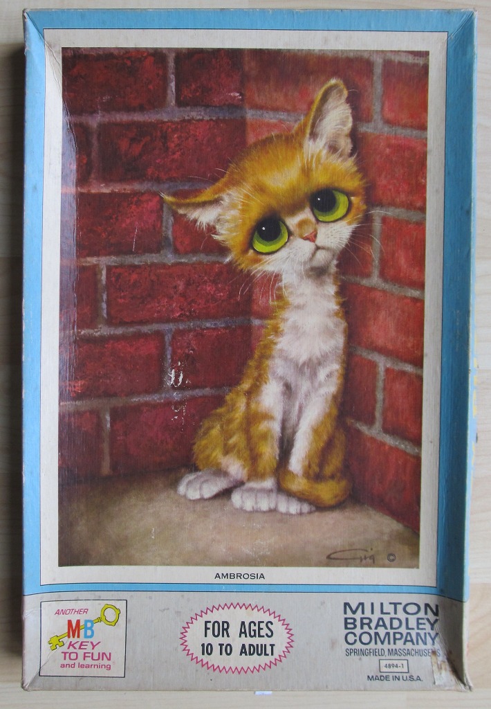 Painting of a sad-looking orange and white kitten with large green eyes sitting in a brick corner.