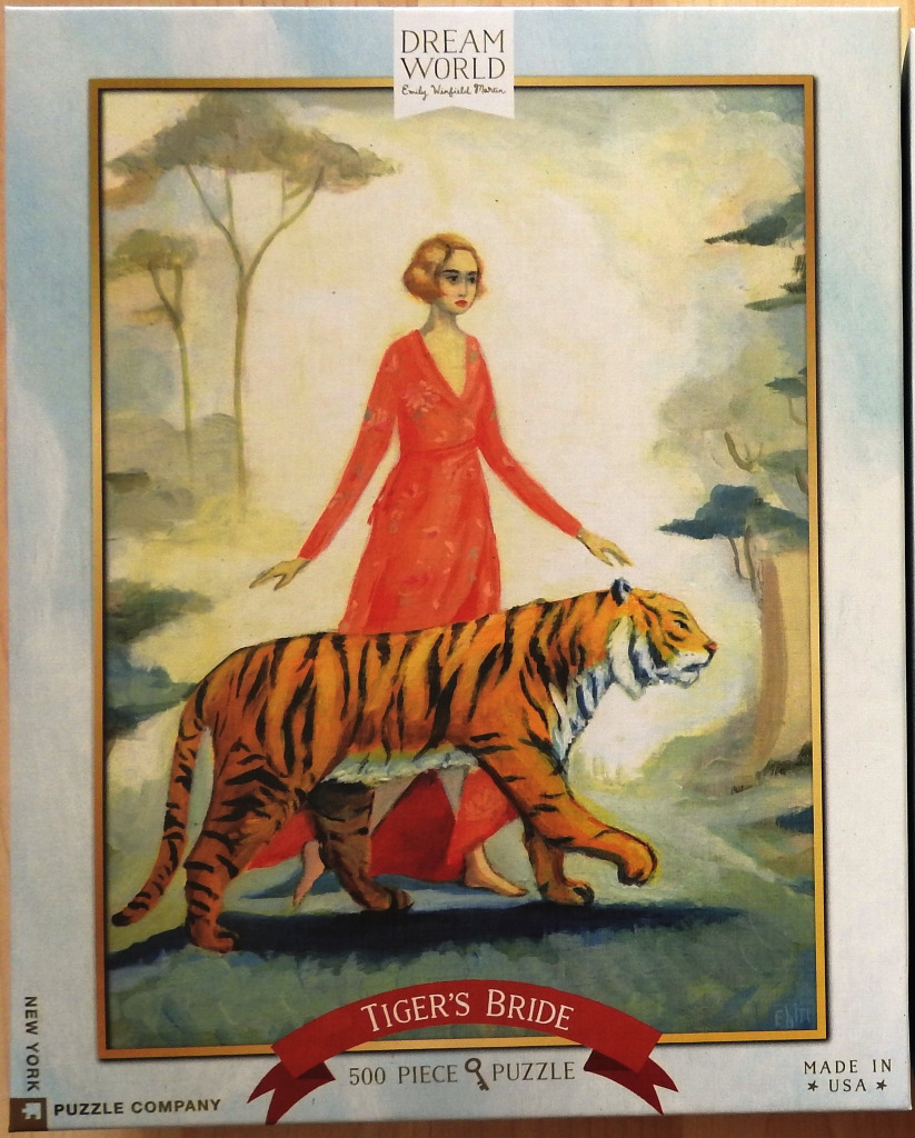 An oil painting style illustration of a woman in a long red dress walking alongside a large tiger in a misty landscape.