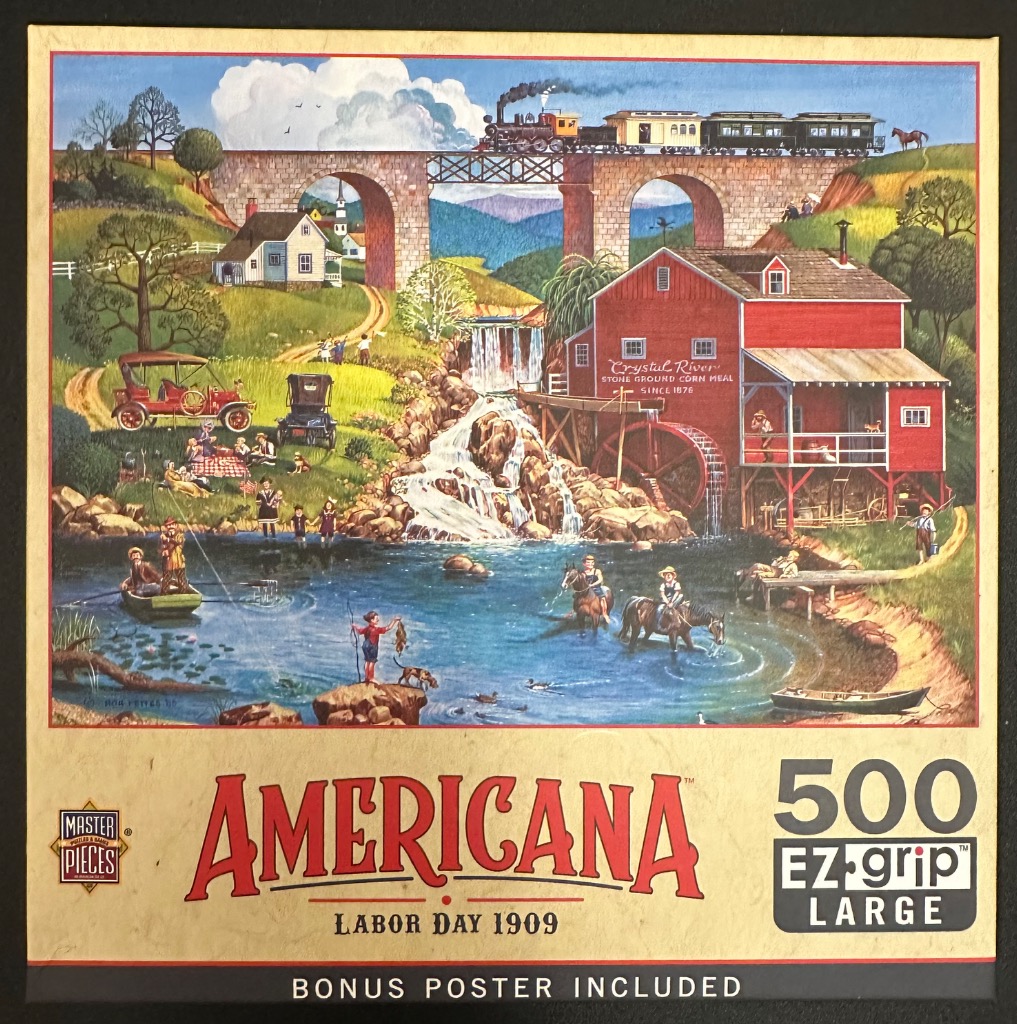 A nostalgic folk art scene of a rural 1909 Labor Day celebration with a train, watermill, and picnic.
