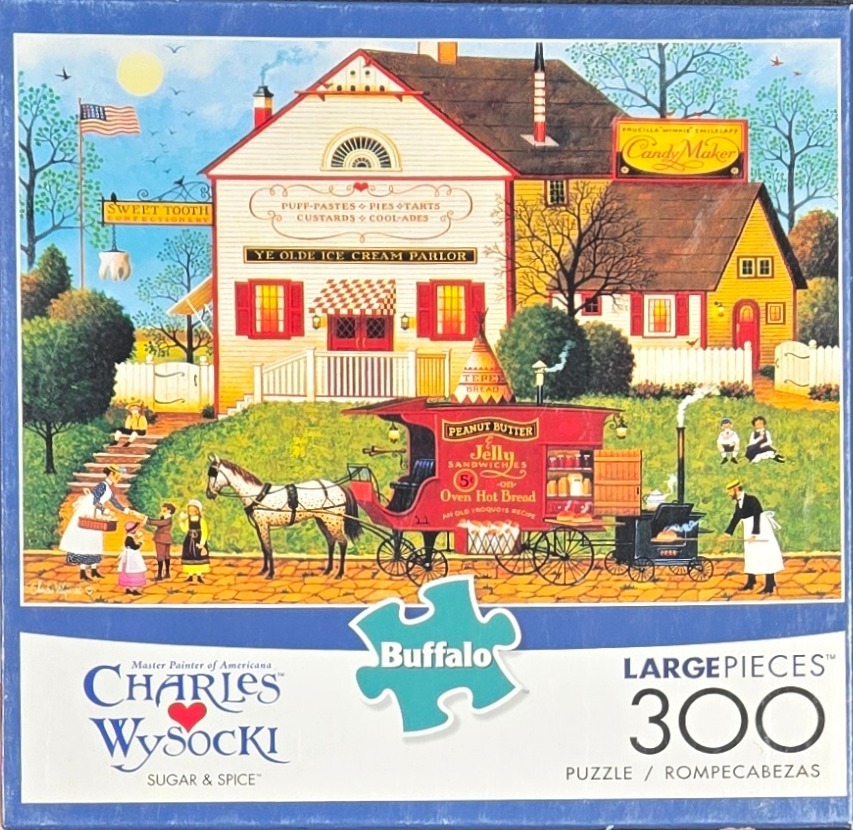 Folk art illustration of a nostalgic ice cream parlor with a horse-drawn food cart in front.