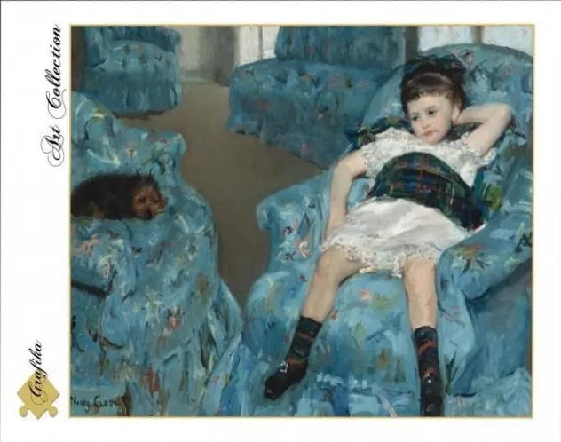 An impressionist painting of a young girl lounging in a floral blue armchair with a small dog nearby.