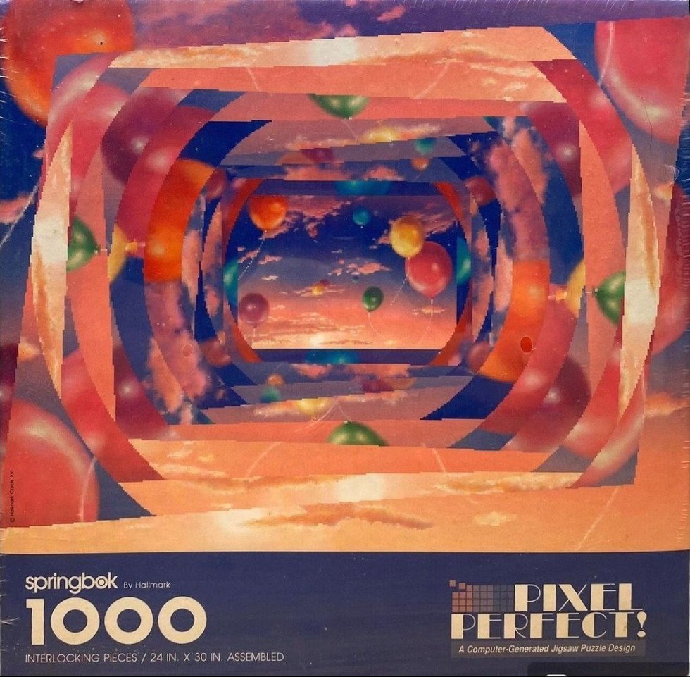 An infinite digital tunnel effect featuring floating colorful balloons against a sunset sky.