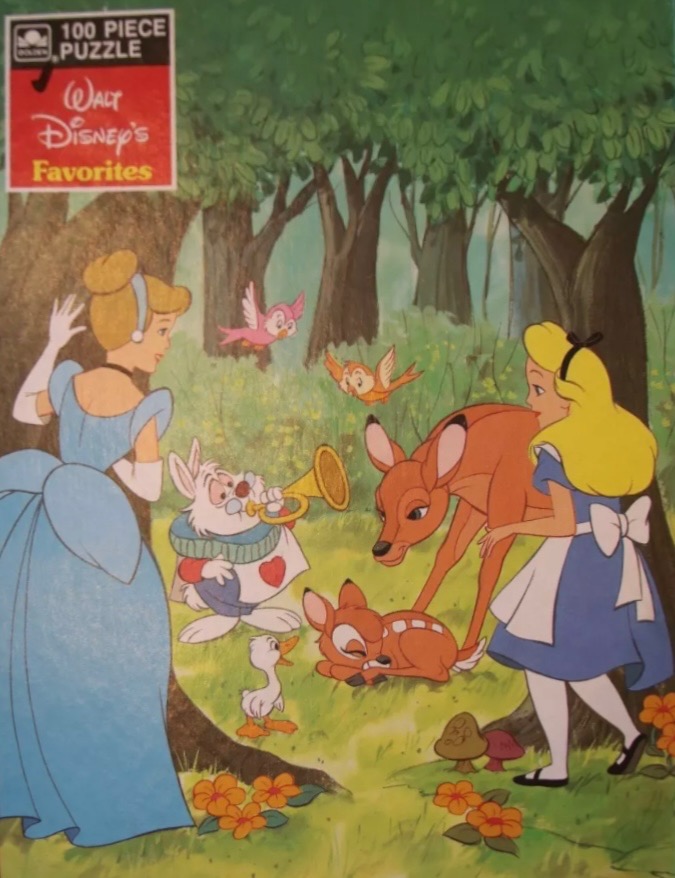 Cinderella, Alice, and various animal characters in a woodland forest setting.