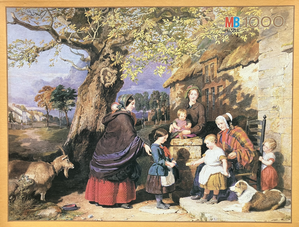 A rural Victorian scene with a family near a stone cottage and a large tree, including a goat and a small dog.
