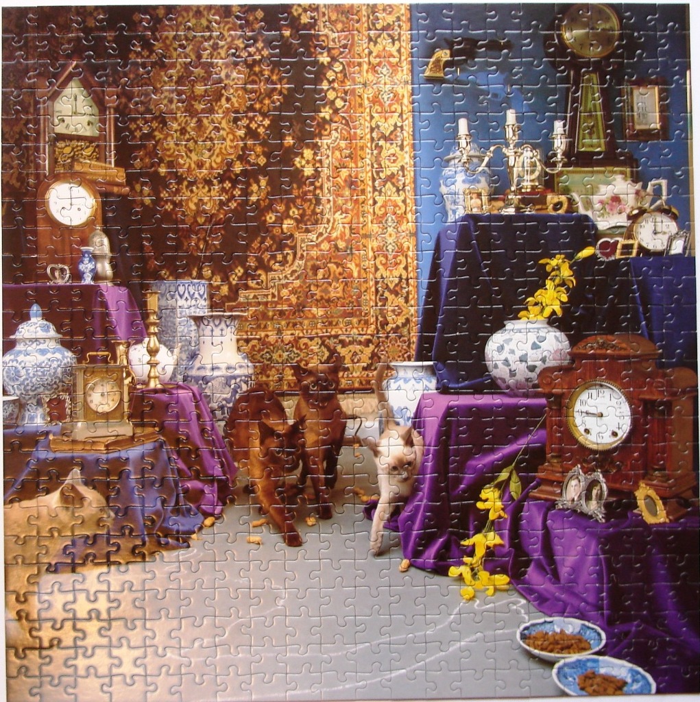 Cats exploring a room with ornate furnishings, clocks, and a patterned rug. Rich colors, detailed objects.