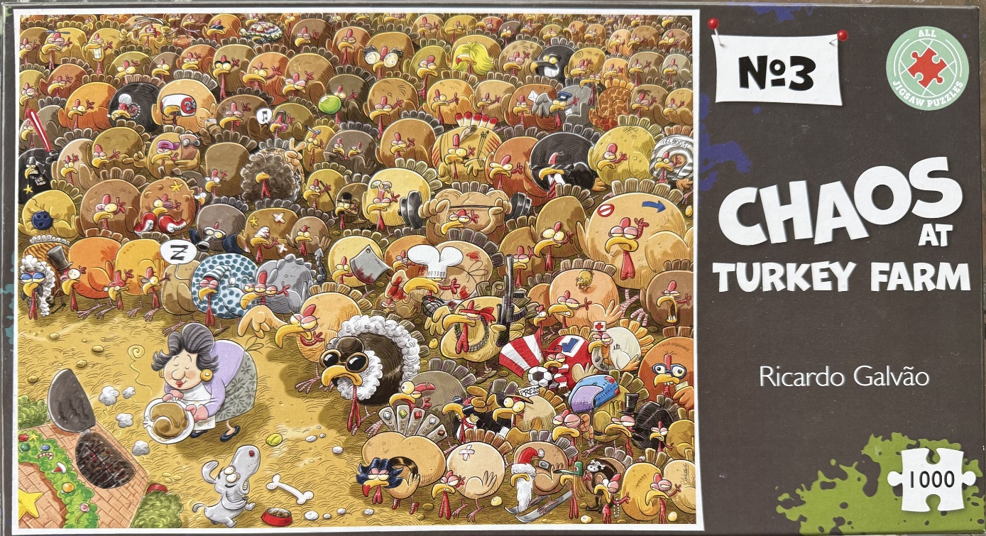 A cartoon illustration of a chaotic turkey farm filled with numerous humorous, anthropomorphic turkeys.