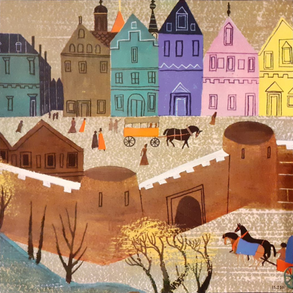 Stylized illustration of a colorful historic town square with fortified walls, horse-drawn carriages, and pedestrians.