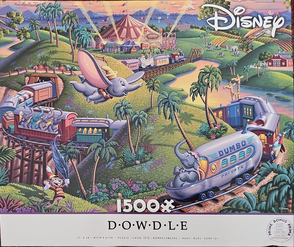 Dumbo flying over a whimsical circus train landscape