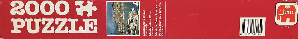 Red box with "2000 PUZZLE" in white, and a picture of a harbor in Menton, France.