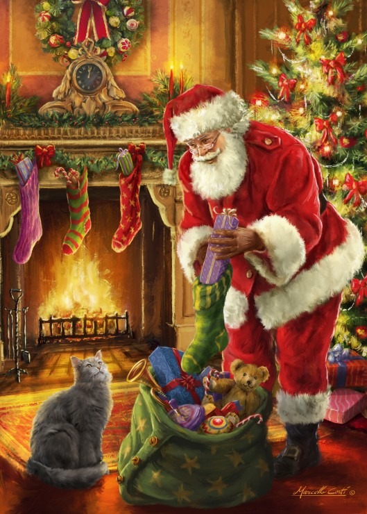 Santa Claus filling a stocking by a fireplace with a grey cat watching