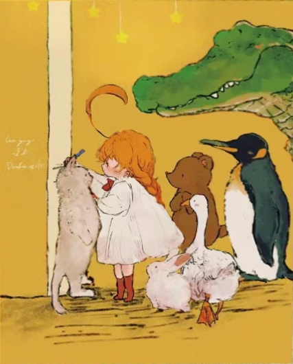A young girl measuring the height of a grey cat on a wall, surrounded by animals including a penguin, bear, and crocodile.