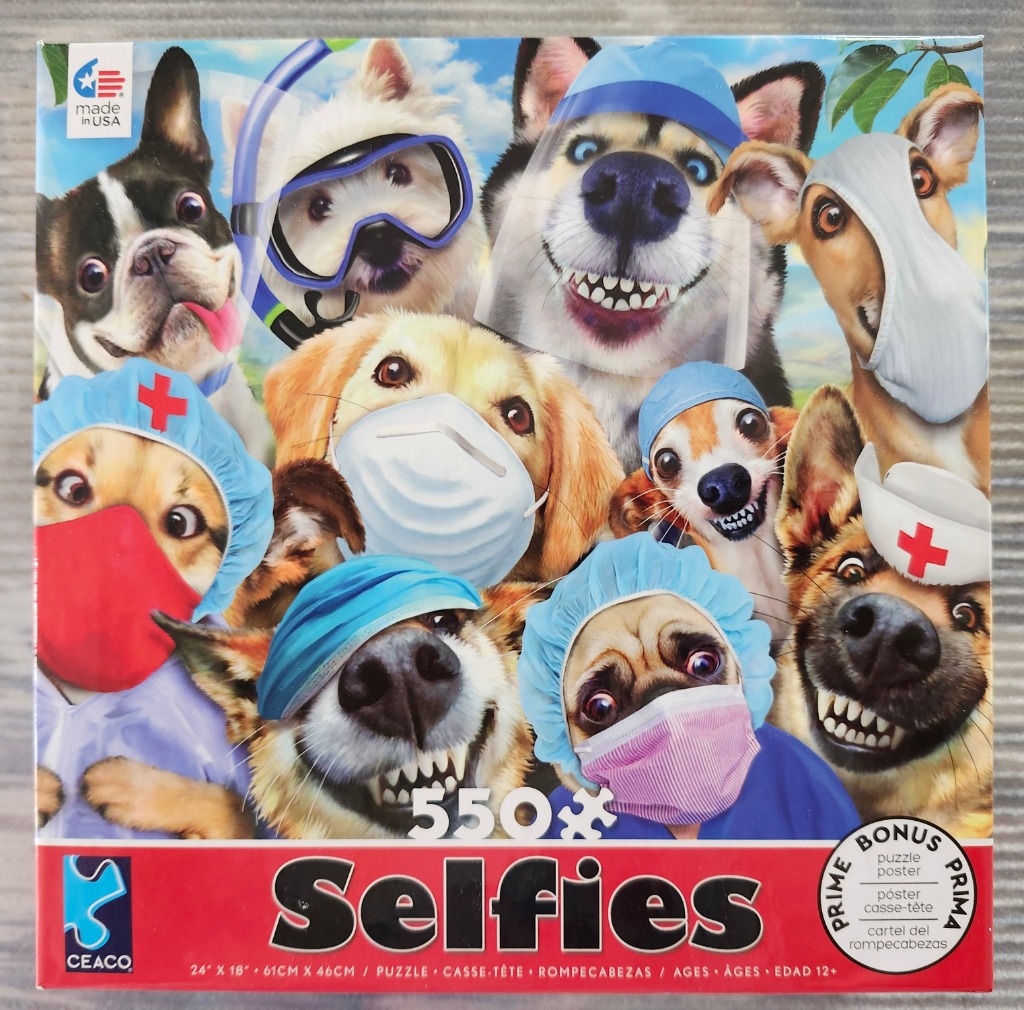 A collage of nine dog faces wearing medical masks, surgical caps, and snorkel gear against a blue sky.