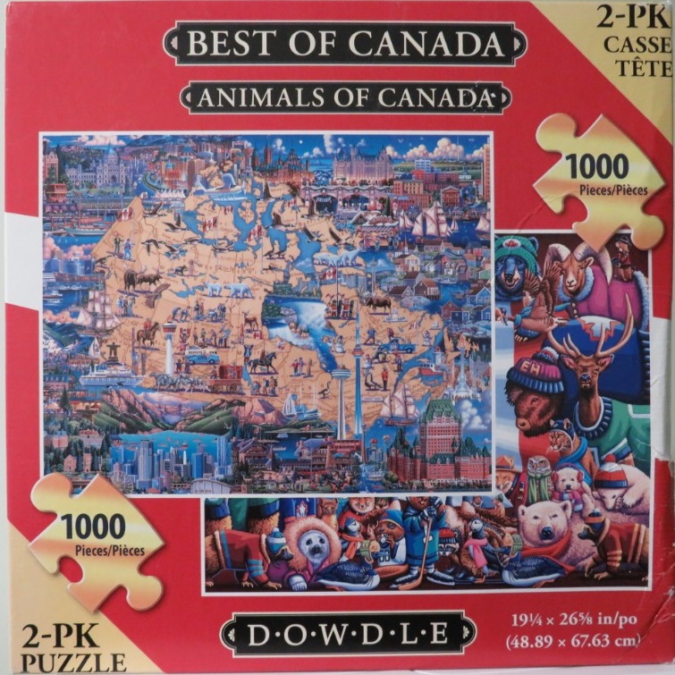 A collage featuring a stylized map of Canada filled with landmarks and a border of anthropomorphic, winter-clad animals.