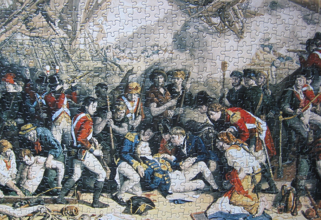 A historical painting depicting the death of Admiral Nelson at the Battle of Trafalgar.