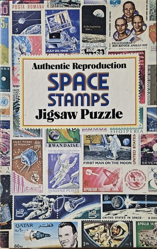 A collage of international postage stamps featuring space exploration themes, rockets, and astronauts.
