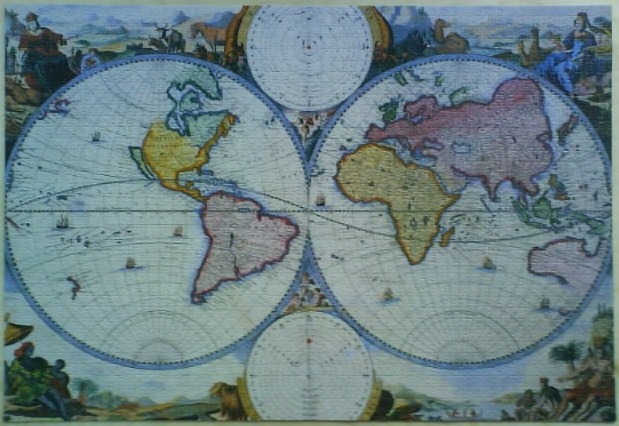 An antique double-hemisphere world map illustration with ornate borders and allegorical figures.