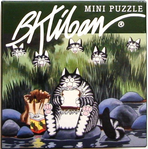 Cartoon illustration of a plump, striped black and white cat eating a sandwich by a stream surrounded by hidden cats.