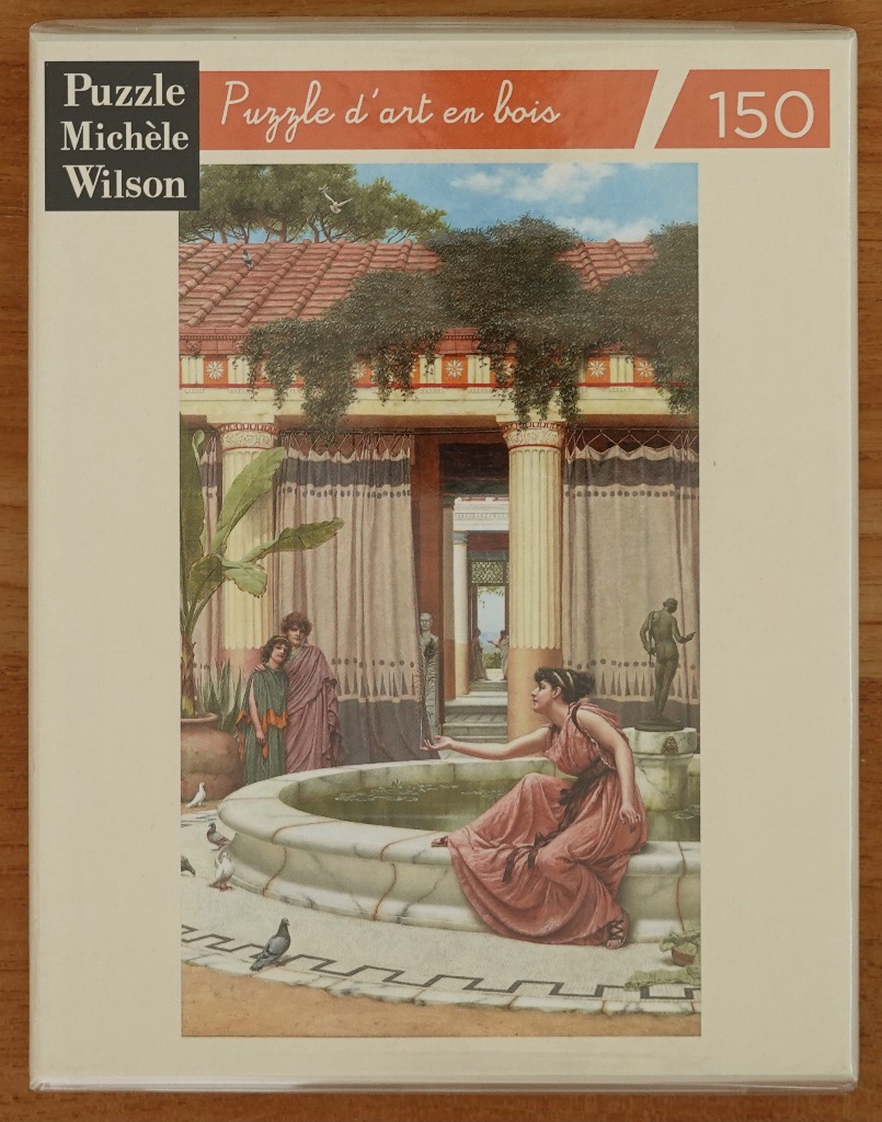A classical painting of a woman in a toga seated by a marble fountain in an ancient Roman-style courtyard.
