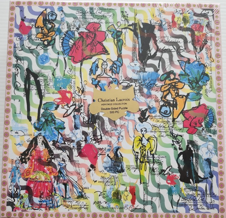 Fashion sketches featuring colorful dresses and stylized figures against a wavy green and white background.